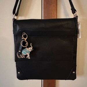 Elegant Black Shoulder leather  Bag with Elephant Charm